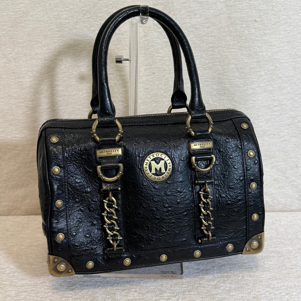 RARE! Metrocity Italy Black Ostrich-Embossed Studded Doctor Boston Bag